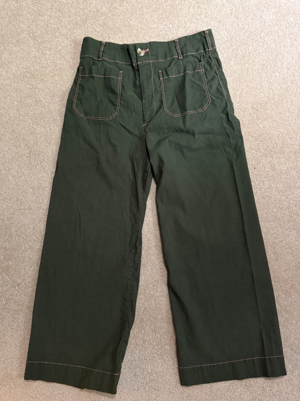 Anthropologie Colette Maeve Olive Green Wide-Leg Trousers with Pink Topstitching